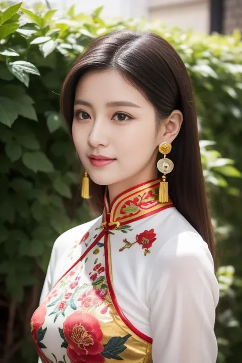 A beautiful woman in a cheongsam。She was wearing a red cheongsam，The cheongsam is embroidered with golden patterns，Like a blooming peony，Like a fluttering butterfly。Her long black hair was tied up behind her head，Fixed with a beautiful hairpin，Showing off ...