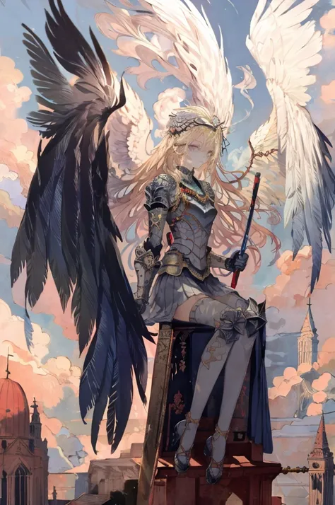 ((best quality)), ((masterpiece)), (detailed),an angel with large bird of prey wings sitting with knees raised to his chest, lan...