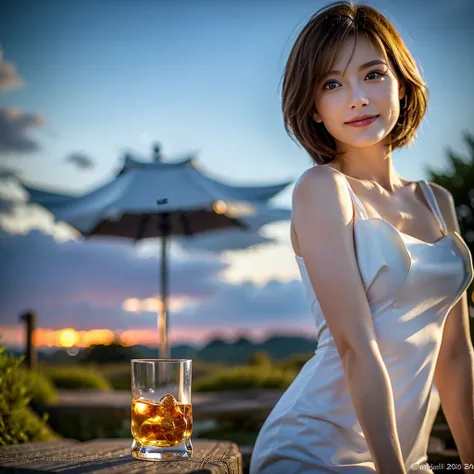 (Realistic, 超Realistic:1.4), 16K HDR, High resolution,((Whiskey Glass)),((Whiskey Bottle)),((Whiskey Glass)),Happy Smile、Short Hair,The best smile、Japanese Actress,so beautiful(It looks like the real thing),Evening Dresses,Cocktail Dresses、Whiskey Bottle、T...