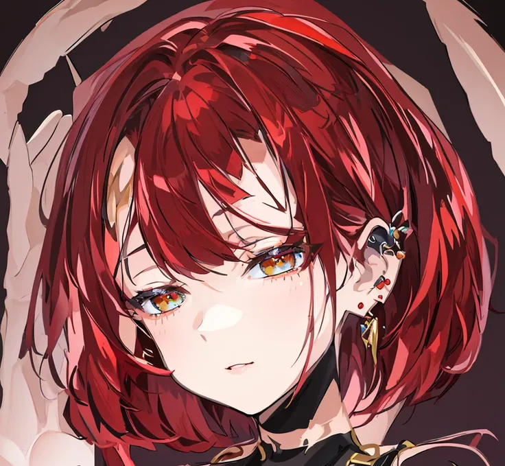 (Best quality, masterpiece, High quality, delicate description, Elaborate painting). Shiny hair. Red hair. Unmaintained bob cut hairstyle, Tuck one side of your hair behind your ear, Lots of ear piercings, A confident expression, black tank top, confident ...