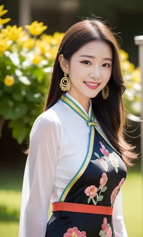  {A beautiful woman in a cheongsam。She was wearing a red cheongsam，The cheongsam is embroidered with golden patterns，Like a blooming peony，Like a fluttering butterfly。Her long black hair was tied up behind her head，Fixed with a beautiful hairpin，Showing of...