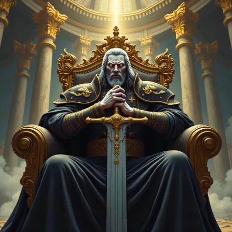 videogame, warhmer40k, anime, hentai, Emperor of the Imperium of Man, gray hair, bony hands, sits on a golden throne, hands on a golden sword, the sword is lowered into the full background of the throne room, looks at the viewer, scaling, selfie, throw, fu...