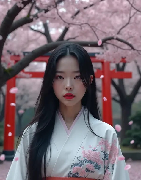 (((A very beautiful half-Japanese, half-Central Asian girl.))) (((Wearing a pure white Japanese kimono with an exquisite Japanese wave pattern.)))  (((Long, straight, jet-black hair, red lips.))) (((A serious and solemn face))) (((Standing under a huge che...