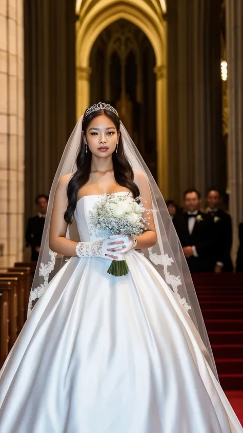 RAW photo, Jennie_blackpink, wearing a white satin ballgown wedding dress, opera gloves, veil, tiara, bow belt, holding bouquet, walking down the aisle in a grand cathedral, realistic, HD, 4k, crisp resolution,  masterpiece, best quality, ultra-detailed, u...