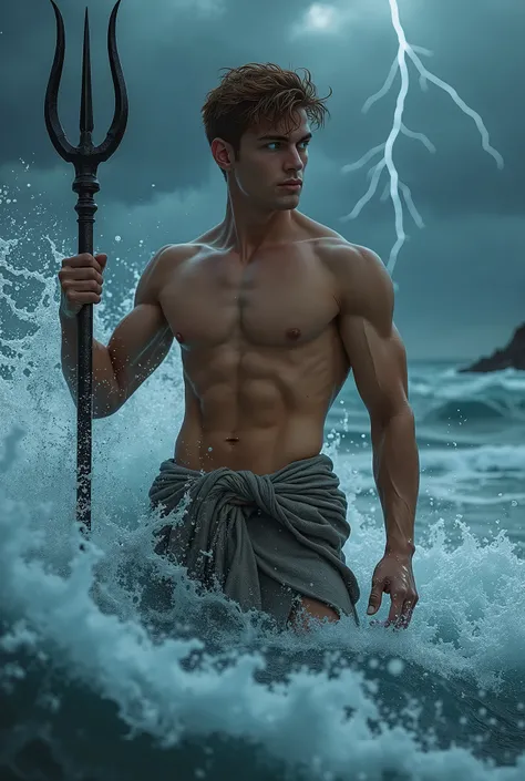 Photorealistic, best quality, masterpiece, detailed, masculine portrait of young dark fantasy prince, 1 male models, handsome, cute looking, divine look, powerful, blue eyes, god Poseidon, god of the seas, Neptune, holding a trident, hydrokinesis, bending ...