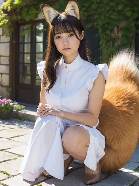 ((Best Quality, 8k)), ((masterpiece)), (Highest Resolution), Perfect Face, Woman with fox ears, Woman with a tail, Beautiful woman, She is a housekeeper, This was taken outside the castle, Only one tail, She has thick thighs, Her big fox tail, I can see he...