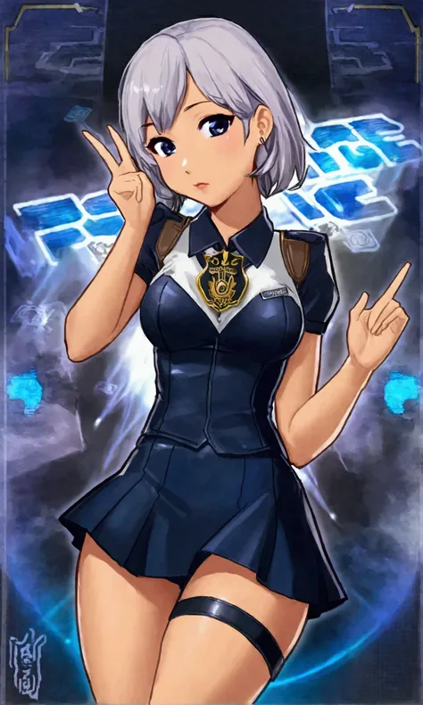 cute yuna (age 25, sexy outfit with miniskirt, PSI police emblem) she is touching her head withher hand and has a surprised expression, she has a corona of swirling psychic energy, Bangkok
