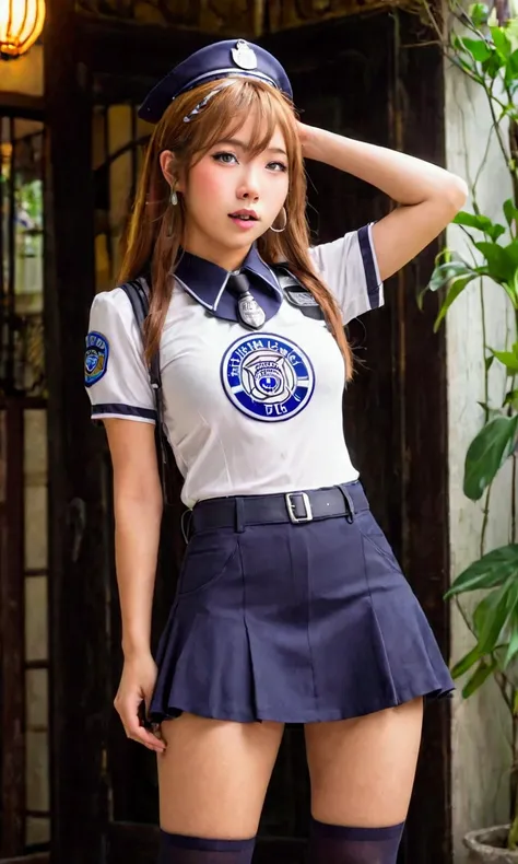 cute yuna (age 25, sexy outfit with miniskirt, PSI police emblem) she is touching her head withher hand and has a surprised expression, she has a corona of swirling psychic energy, Bangkok
