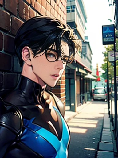 back alley, nightwing costume, handsome and cool beautiful boy, tall, sexy body, pained face,  on body, body stained with semen,...