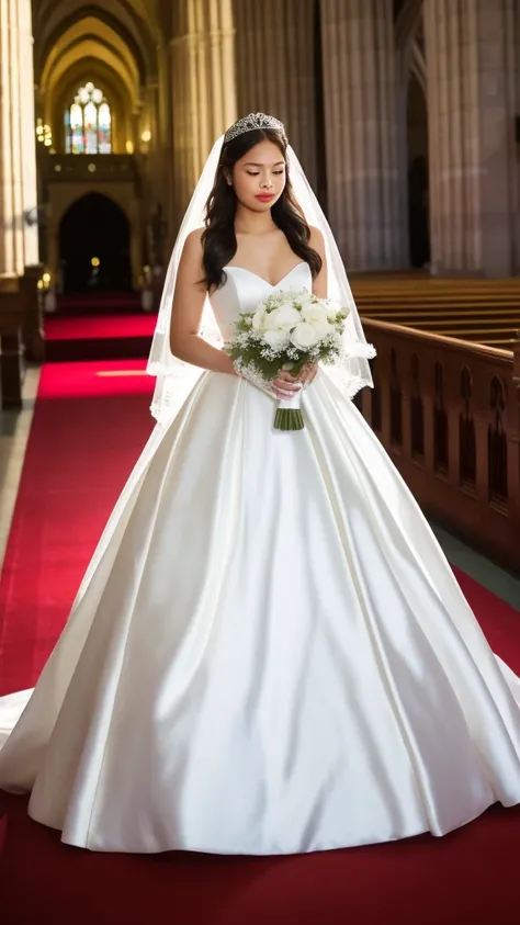 RAW photo, Jennie_blackpink, wearing a white satin ballgown wedding dress, opera gloves, veil, tiara, bow belt, holding bouquet, walking down the aisle in a grand cathedral, realistic, HD, 4k, crisp resolution,  masterpiece, best quality, ultra-detailed, u...