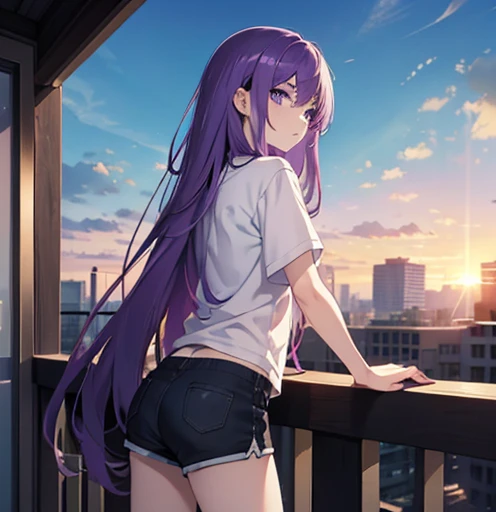 Masterpiece, better quality, grafitehomem, anime, long violet hair, shine in the hair, skin shine, pale white skin, purple eyes, dark gray loose shirt , dark blue short shorts, sky sunrise, leaning against the balcony with his back, facing the viewer, ((ma...