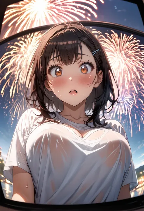 One Girl、(white shirt)、One Curl Bob Cut, Highest quality、Black Hair、Sweaty body、Big Breasts、Surprised、hairpin、View from below、expose ones cleavage、(Show your forehead)、(Fisheye lens effect:1.3)、(Girls pop out of the screen:1.5)、(fireworks display)、(meteor ...