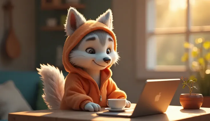 Un wolfy avec un café et son ordinateur, portant une tenue en coton moelleux, debout, mignon wolfy design and hood, wolfy sur un fond avec bokeh à thème disney, 1 wolfy, très détaillé, 8K, photorealistic, Éclairage réaliste, Couleurs vibrantes, mise au poi...