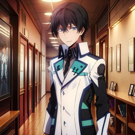 1boy, solo, tatsuya def, school uniform, blue eyes, black hair, face focus, high detailed face, full uniform view
indoor, standi...