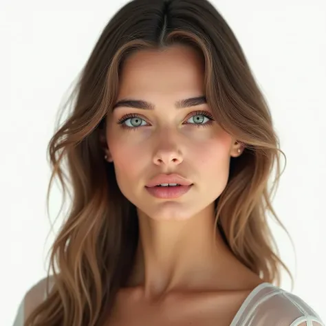 portrait of a beautiful french sexy young women, facing camera, entire face and hair, white background, closed mouth with large lips, 20 years old, light gray eyes, very straight brown hair, light makeup, perfect skin, studio lighting, photorealistic, 4K