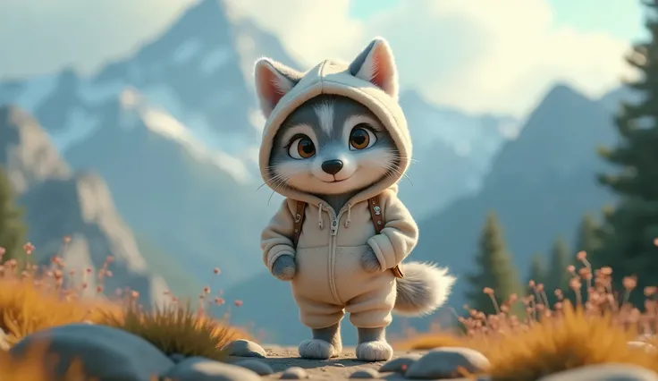 Un wolfy en balade en montagne, portant une tenue en coton moelleux, debout, mignon wolfy design and hood, wolfy sur un fond avec bokeh à thème disney, 1 wolfy, très détaillé, 8K, photorealistic, Éclairage réaliste, Couleurs vibrantes, mise au point douce,...