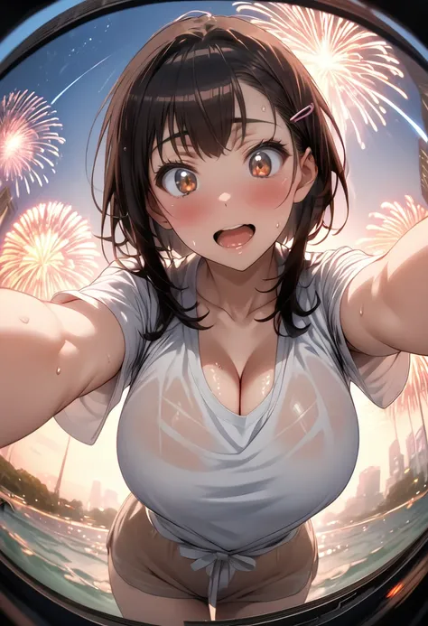 one girl、(white shirt)、one curl bob cut, highest quality、black hair、sweaty body、big breasts、surprised、hairpin、view from below、ex...