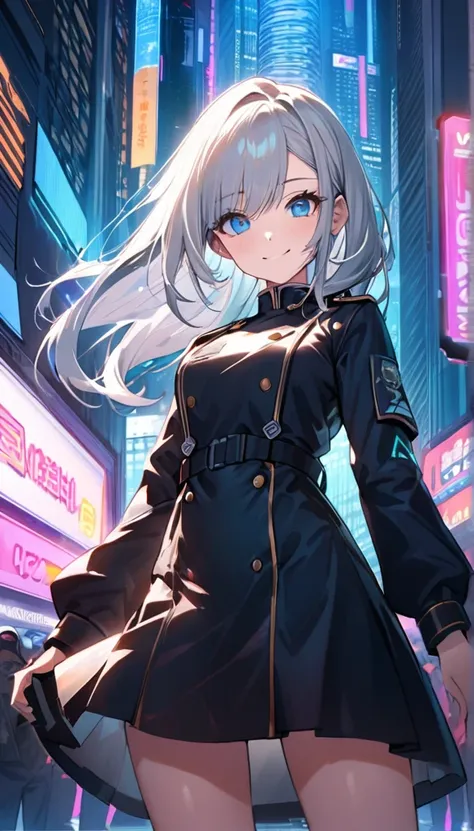 "high quality, Highly detailed painting of a young woman with long silver hair and a black dress.., Reminiscent of a military cadet uniform, Height 170 , I have a white shirt.., Black jacket, And emphasize the blue color, She has striking light blue eyes a...