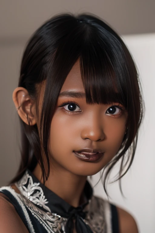 best quality, masterpiece, highres, (detailed:1.4), 1 girl, black hair, (((( dark skin:1.55 )))), extremally thin eyebrows , thick bluish eyeshadow, thick black eyeliner, Highlighted eyes with eyeliner, false eyelashes