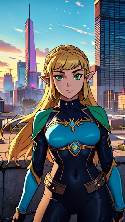 (Teens:1girl: princess zelda), (extremely detailed CG unit 8k wallpaper),(master part), (best quality), (ultra detail), (best illustration),(city-scene-aso), cowboy shot, (Sharp eyeliner, ombre, detailed eyes:1), bright, daylight, cyberpunk city, outdoor, ...