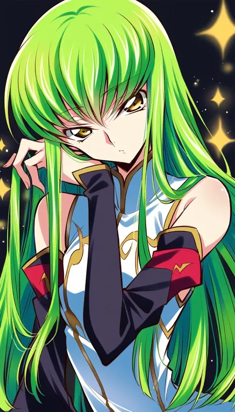 score_9, score_8_up, score_7_up, one girl, c.c., code geass, armpit crease, shoulder, black background, black sleeves, blurred, ...