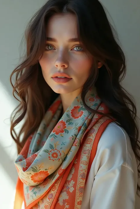 Woman with long hair wearing a hand painted scarf around her neck 