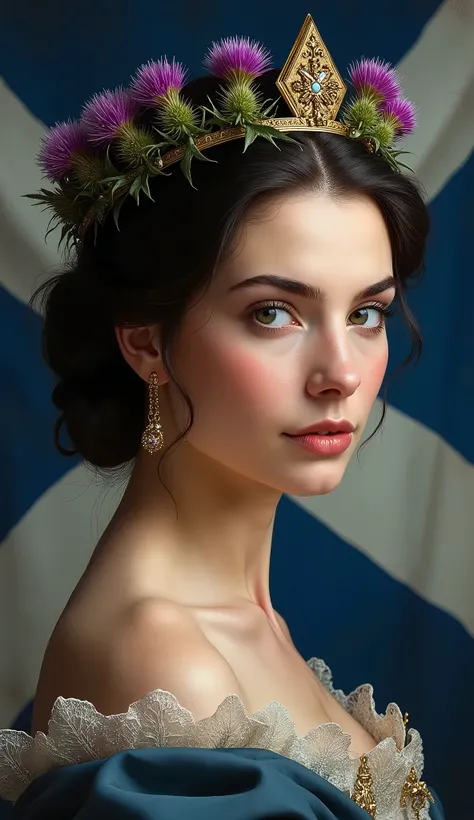 Beautiful Queen of Scots。Thistle Crown。Scottish flag in the background