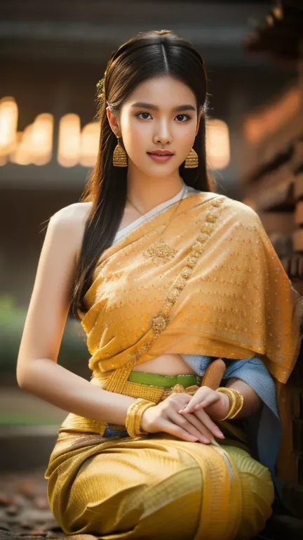 hdr, 8k, realistic, beautiful girl ,thai women&#39; with a mix of german woman face, warrior, walking at thai measure, dynamic p...