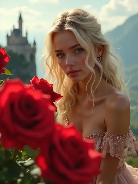 Blurry foreground, red roses
BREAK
middle ground an ultra hot gorgeous European woman, age 23, green eyes, blonde hair, her name is Helena Alfa. She wears a loose (shiny glitter sheer dress). She’s leaning forward, smelling the flowers.
BREAK
background, a...