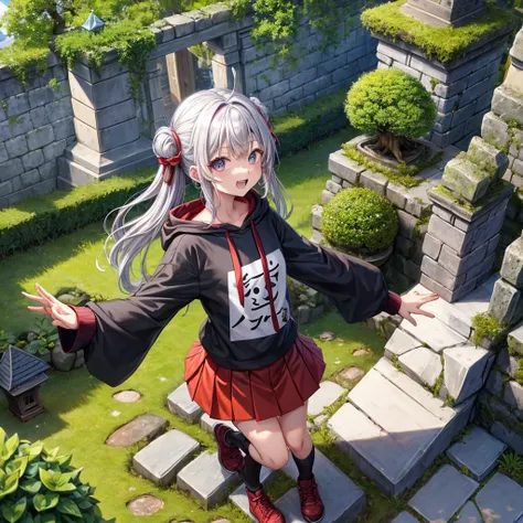 Rainbow red and silver hair、Rainbow Eyes、Wavy Hair、Hair tied up、Two cute、Checked mini skirt、Black T-shirt、Long sleeve、Wearing a hood、Black knee-high socks、Teeth are visible、Monster Castle、Tilting face、lawn、In front of the city gates、The stone is cracked、Un...