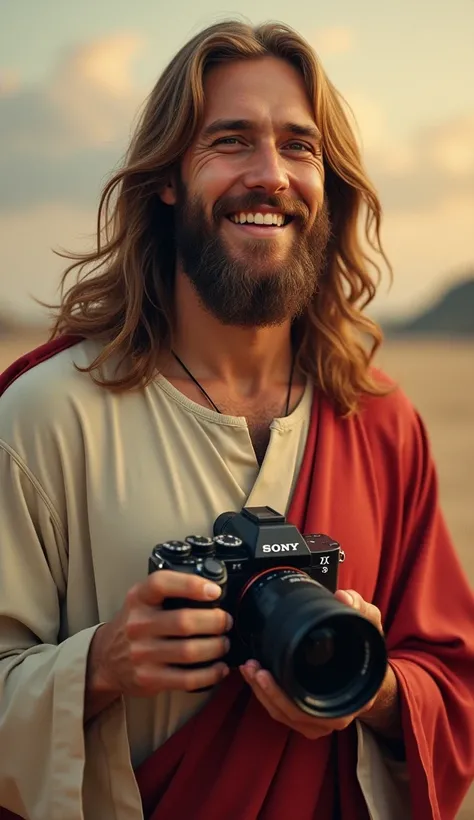 detail high quality image of Jesus Christ, golden hair and beard smile and holding Sony α7 camera with detail intricate. visible from distance.