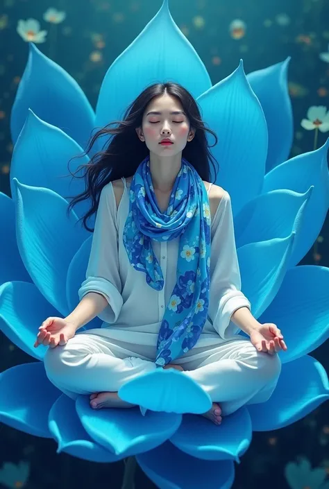 A beautiful woman sitting meditating with a hand painted scarf around her neck inside a blue lotus flower