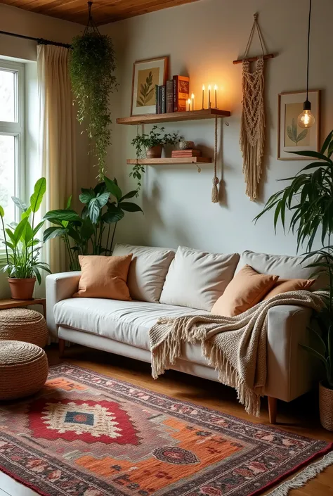 Bohemian Cozy Living Room

Details:

Room Appearance:

A warm, inviting living room with a bohemian theme. The space features a large, plush sofa with neutral-toned cushions and a woven throw draped over one armrest. The coffee table is a low wooden design...