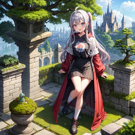 Rainbow red and silver hair、Rainbow Eyes、Wavy Hair、Hair tied up、Two cute、Checked mini skirt、Black T-shirt、Long sleeve、Wearing a hood、Black knee-high socks、Teeth are visible、Monster Castle、Tilting face、lawn、In front of the city gates、The stone is cracked、Un...