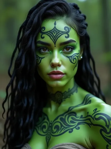 ((full shot of an European woman)). Age 23. (French.:0.5 Gal gadot:1.2) with vibrant green skin and long Senegalese twists braid black hair. Her face is adorned with striking green Viking tattoos that extend across her cheeks and forehead. Full lips. The b...