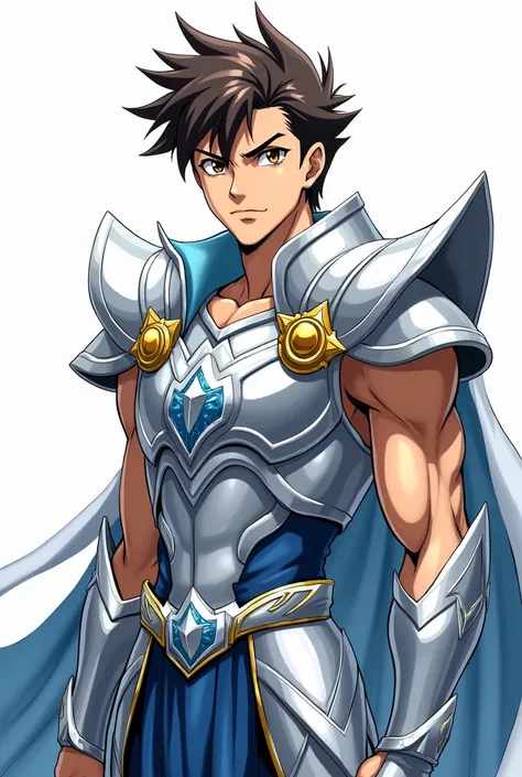 young, masculine, strong, brown eyes, Frowning eyebrows, dark brown hair, short brown hair, hipster beard, majestic, looking at the camera, Pegasus Divine Armor, silver armor, Saint Seiya anime style, Ultra HD, ultra defined image, High definition, Clear i...