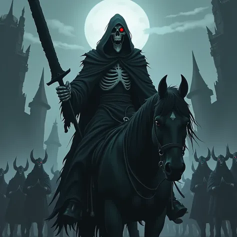 videogame, american cartoon, anime, hentai, Angmar Witch King on a Dead Horse, dressed in a black torn cloak, points to the viewer with his right hand, in his left hand is a black wavy sword,  stands against the backdrop of Sauron&#39;s Mordor citadel, sur...