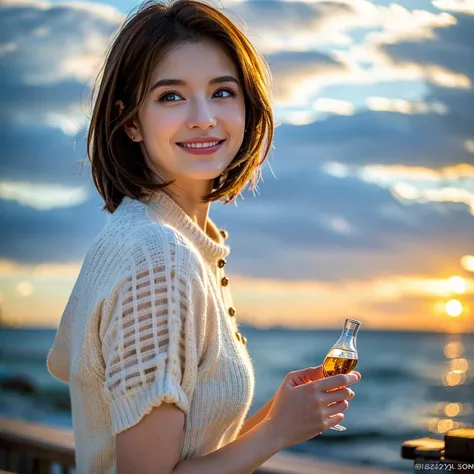 (Realistic, 超Realistic:1.4), 16K HDR, High resolution,((Whiskey Glass)),((Whiskey Bottle)),((Whiskey Glass)),Happy Smile、Short Hair,The best smile、Japanese Actress,so beautiful(It looks like the real thing),Evening Dresses,Cocktail Dresses、Whiskey Bottle、T...