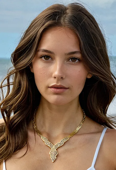 Girl with brunette hair to the chest slightly wavy, younger narrow face, thin gold necklace, at the east she should be naked without clothing the whole body should be visible 