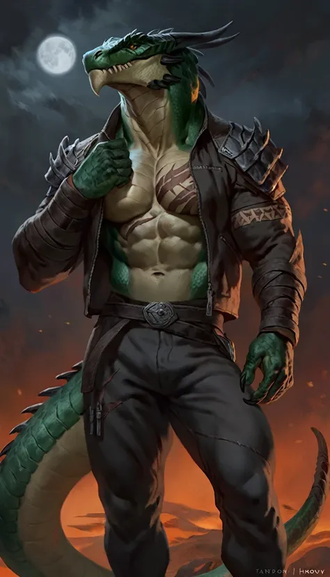 Muscular monster lizardfolk, solo, pants, mercenary, dark green body, dragon, body made of steel, strong, open jacket, metallic scales, black belly, scars on body, tribal tattoos, 1male solo, anthro, muscular, wide back, small waist, thick tail, thick scal...