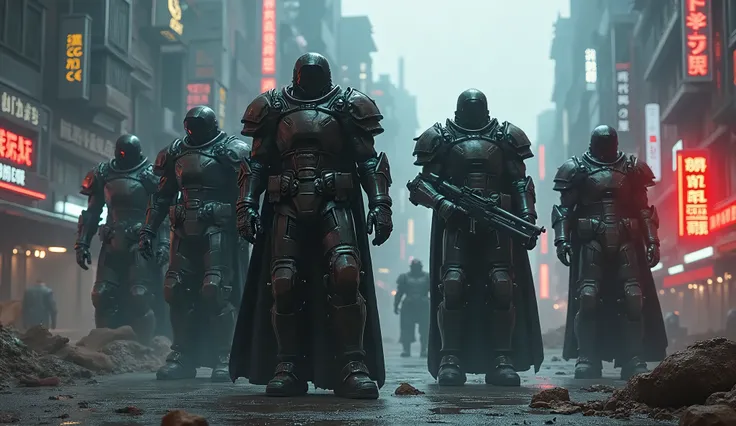 a cyberpunk post-apocalyptic landscape, four horsemen of the apocalypse, heavily armored futuristic judge dredd-style officers, dramatic lighting, intricate mechanical details, gritty and grim atmosphere, hyper-realistic, cinematic composition, vibrant neo...