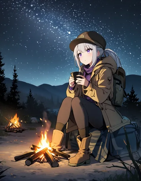 1 girl, silver hair, purple eyes, ponytail, hat, coat, jacket, hooded jacket, backpack, boots, campfire, camping, night, starry night, sitting down