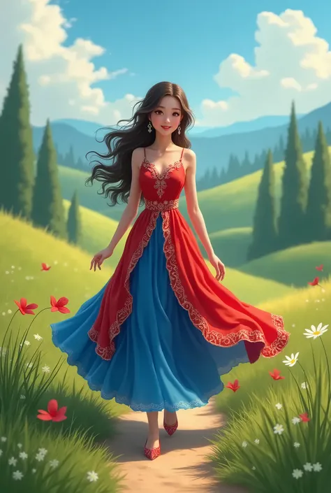 A beautiful girl in a bright red and blue dress walking and  