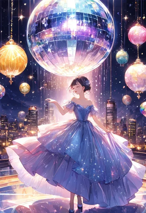 (masterpiece, best quality),japanese city-pop illustration,,(Lets take a trip to Mercury on a dazzling mirror ball. What will be there when I see it someday? If we dance the night away between the twinkling stars, Ill take you to an even brighter place,),