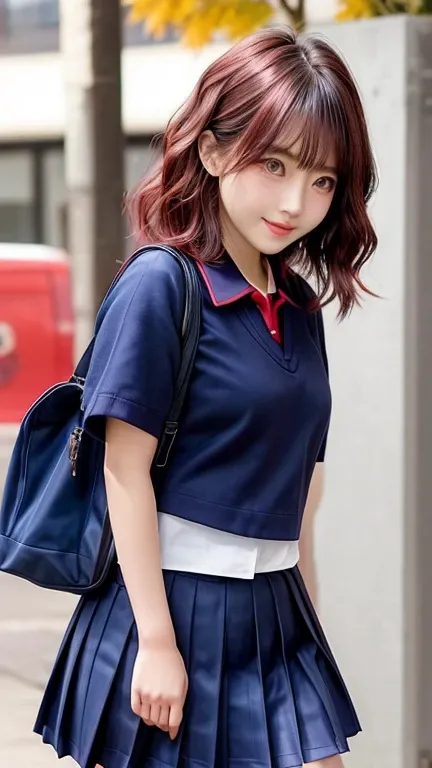 Japanese women, close, Blushing, Red cheeks, Long wavy hair, Excited, Short Bob、Beautiful thighs, Fall in love, Wearing a navy blue school uniform with a mini pleated skirt