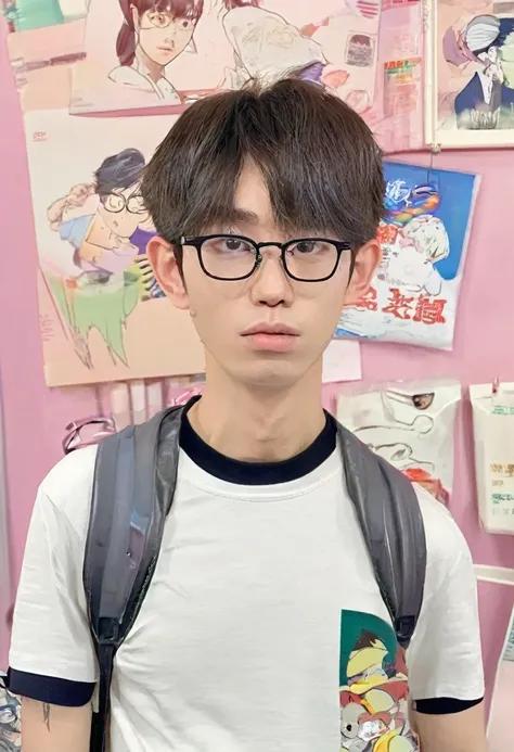 many Japanese ugly young or middle aged men, very ugly, nerd, otaku, pervert, fishy face, bad looking, weak, skinny, glasses, bad personality, childish face, childish mouse, bulged mouse, white or anime girl T-shirt, wearing a shoulder bag crossing his bod...