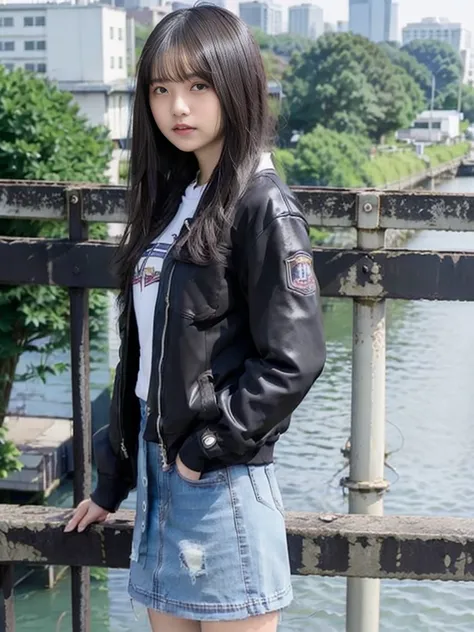 Japanese woman wearing a black jacket and denim skirt posing on a bridge, Young slim gravure idol, Young and cute gravure idol, realistic Young Gravure Idol,Young Gravure Idol, Young sensual gravure idol, Young Japanese girl, Young Asian girl with long hai...