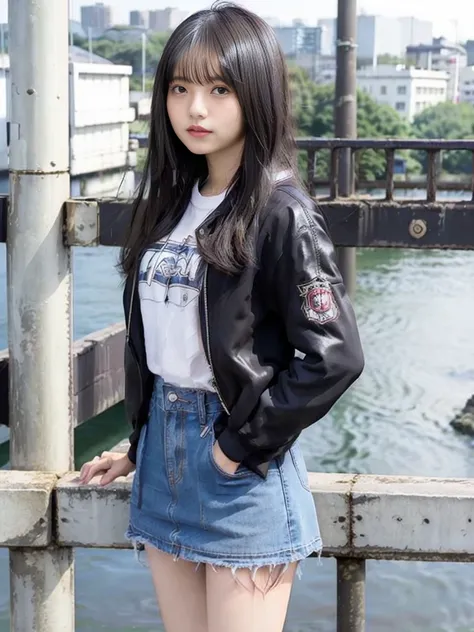 Japanese woman wearing a black jacket and denim skirt posing on a bridge, Young slim gravure idol, Young and cute gravure idol, realistic Young Gravure Idol,Young Gravure Idol, Young sensual gravure idol, Young Japanese girl, Young Asian girl with long hai...