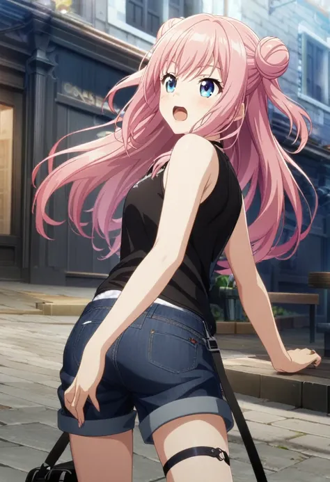 1girl, long hair, pink hair, 2side buns, casual clothes, black top, blue waistcoast, short pants, black straps on left leg, CG, screenshot