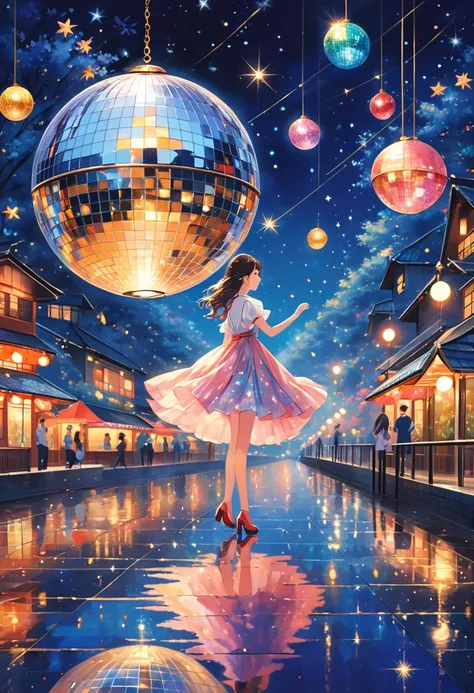 (masterpiece, best quality),japanese city-pop illustration,,(Lets take a trip to Mercury ride on a dazzling mirror ball. What will be there when I see it someday? If we dance the night away between the twinkling stars, Ill take you to an even brighter plac...